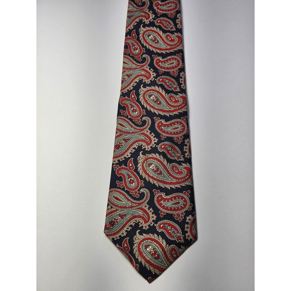 Rooster Mens Silk Paisley Tie Navy Blue Red Hand Printed Italy Made in USA